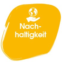 Gelbes Nachhaltigkeits-Symbol mit Weltkugel in einer Hand und dem Schriftzug Nachhaltigkeit